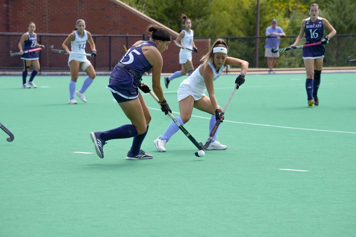 Sophomore midfielder Francisca Eschoyez stick handles against Columbia defender on Sept. 14.