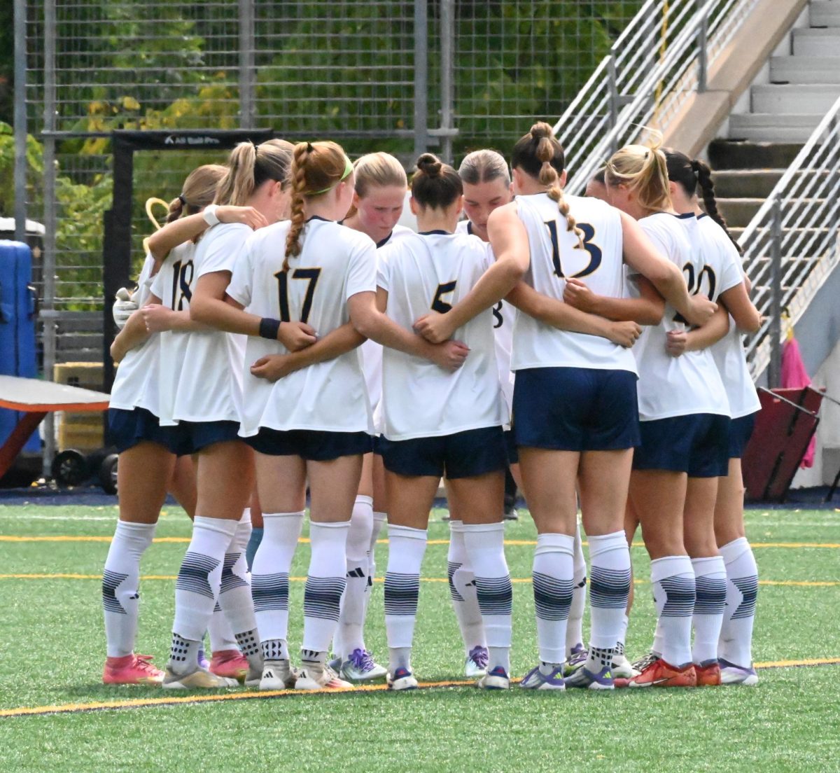 Quinnipiac women's soccer huddles together before taking on Rider on Sept. 6. 