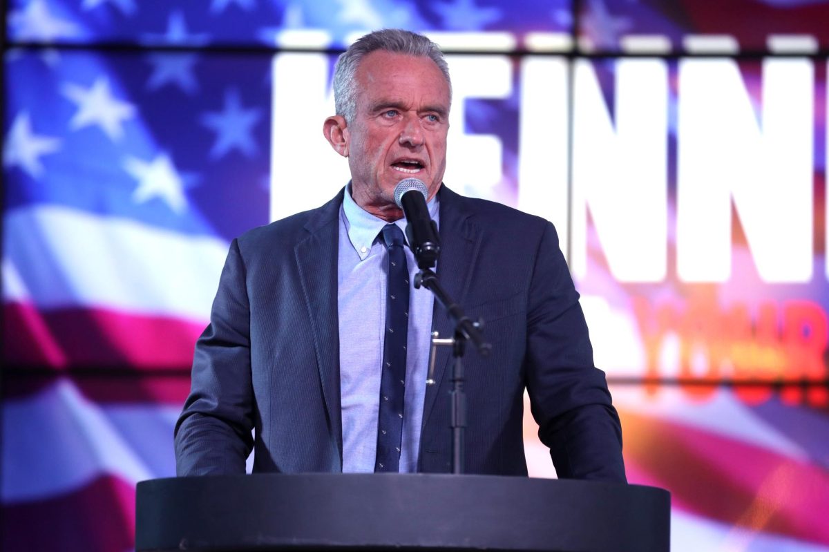 Robert F. Kennedy, Jr. speaking with supporters at a campaign rally at Legends Event Center in Phoenix, Arizona, 2023.