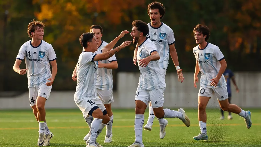 Quinnipiac men's soccer celebrates after beating Merrimack 3-2 on Oct. 30.
(Courtesy of Quinnipiac Athletics)
