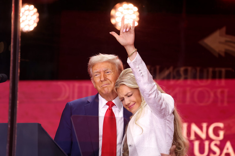 President of the United States Donald Trump and Erika Kirk speaking with attendees at the Memorial for Charlie Kirk at State Farm Stadium in Glendale, Arizona in September.