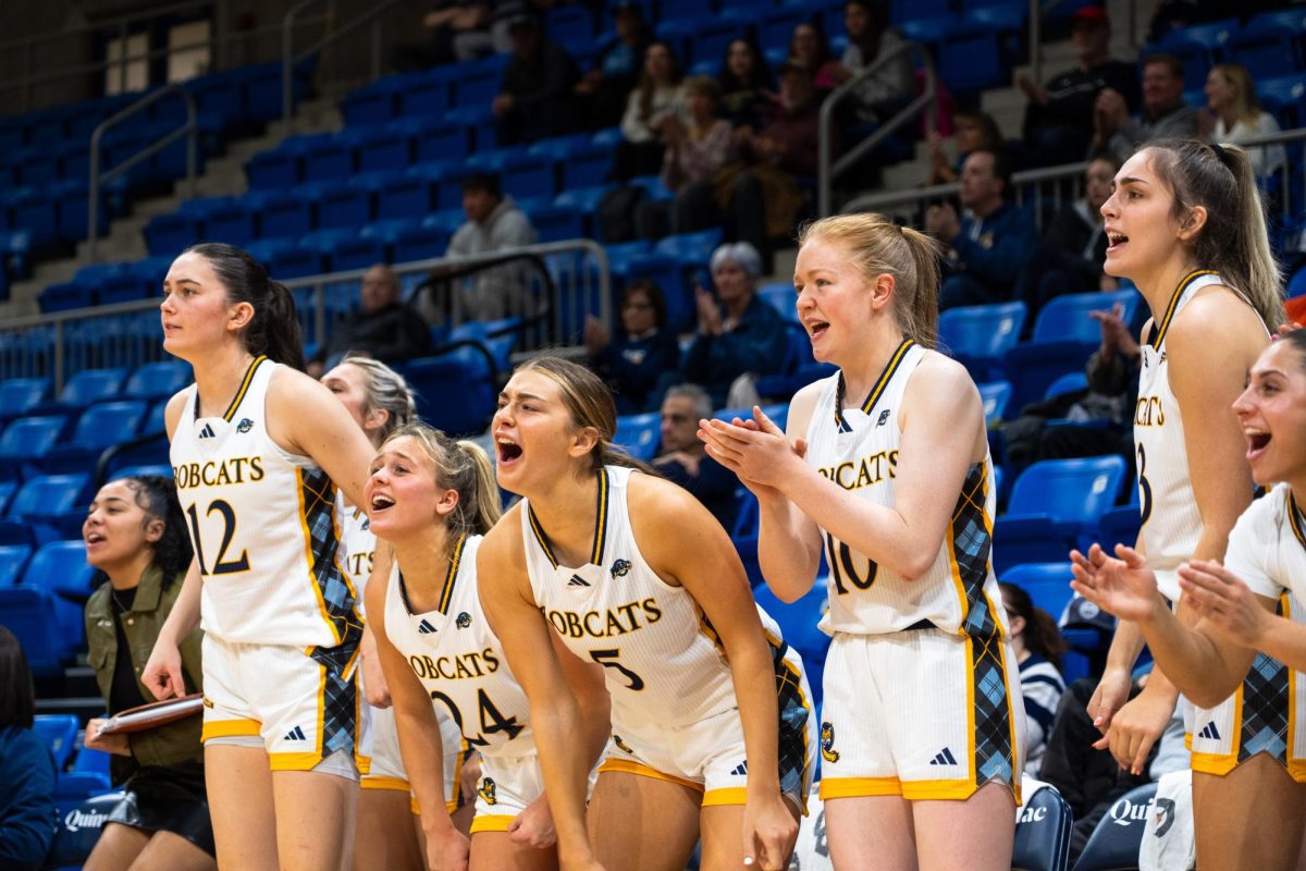 Quinnipiac women's basketball's bench celebrates after scoring a basket against Cornell on Nov. 23.