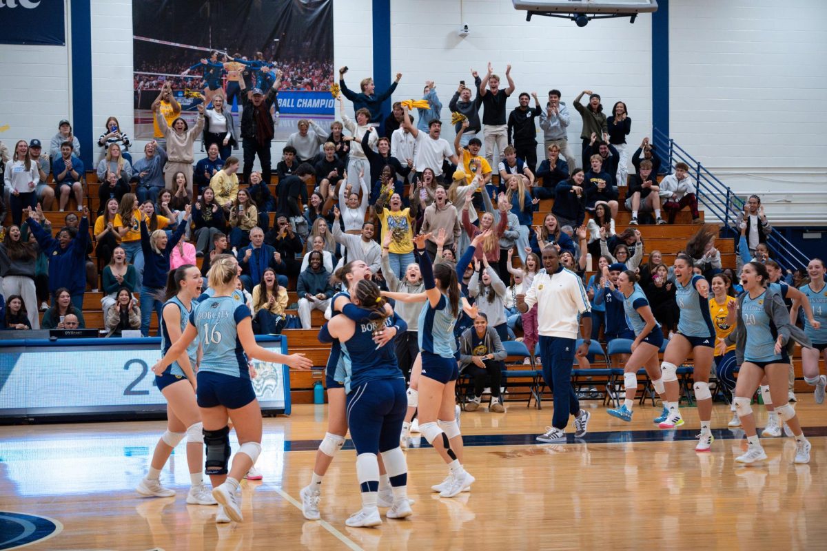 Quinnipiac volleyball and student body celebrates as it sweeps Fairfield 3-0 for the first time in program history Friday night.