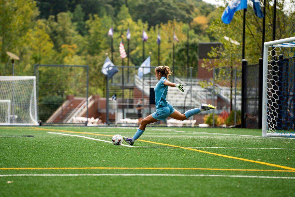 Graduate student goaltender Gwen Hoyt kicks ball down field during matchup against Rider on Sept. 6.