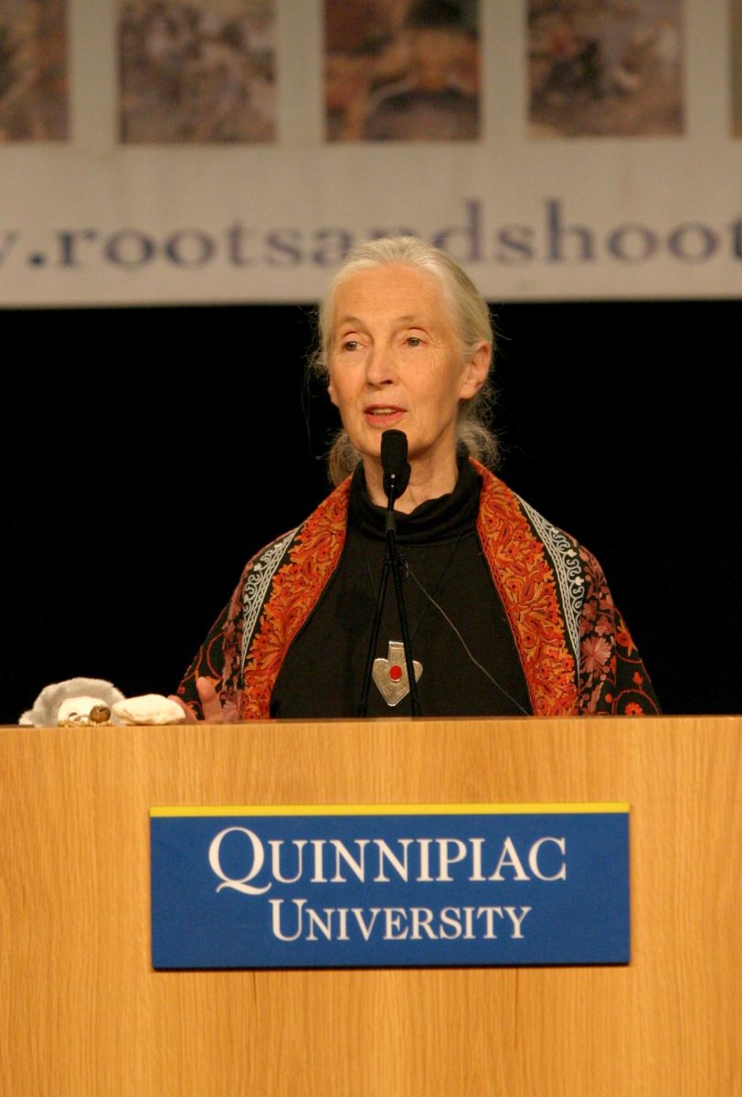 Renown primatologist and anthropologist Jane Goodall speaks at Quinnipiac University's “Reverence for Life Visited: Albert Schweitzer's Relevance Today” conference in 2005.