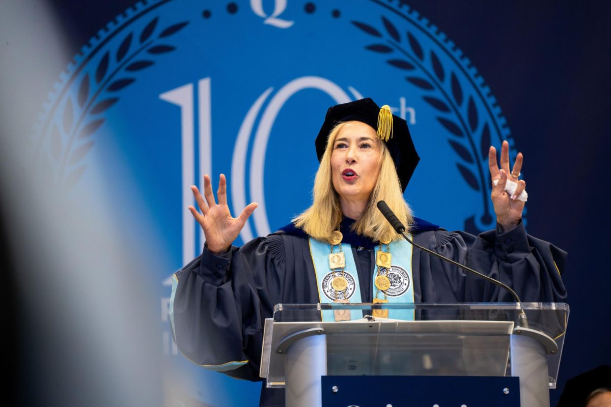 President Marie Hardin presents her inaugural address at the 10th Presidential Inauguration on the basketball court at the M&T Bank Arena on Oct. 16. 
