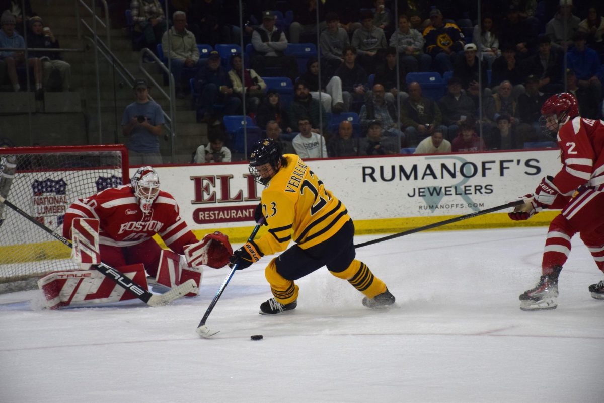 Freshman forward Antonin Verreault seconds before his goal against Boston University on Nov. 15. 