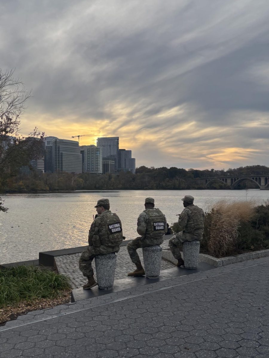Members of the National Guard looking over the Potomac river in Washington, D.C. on Nov. 7, 2025. 