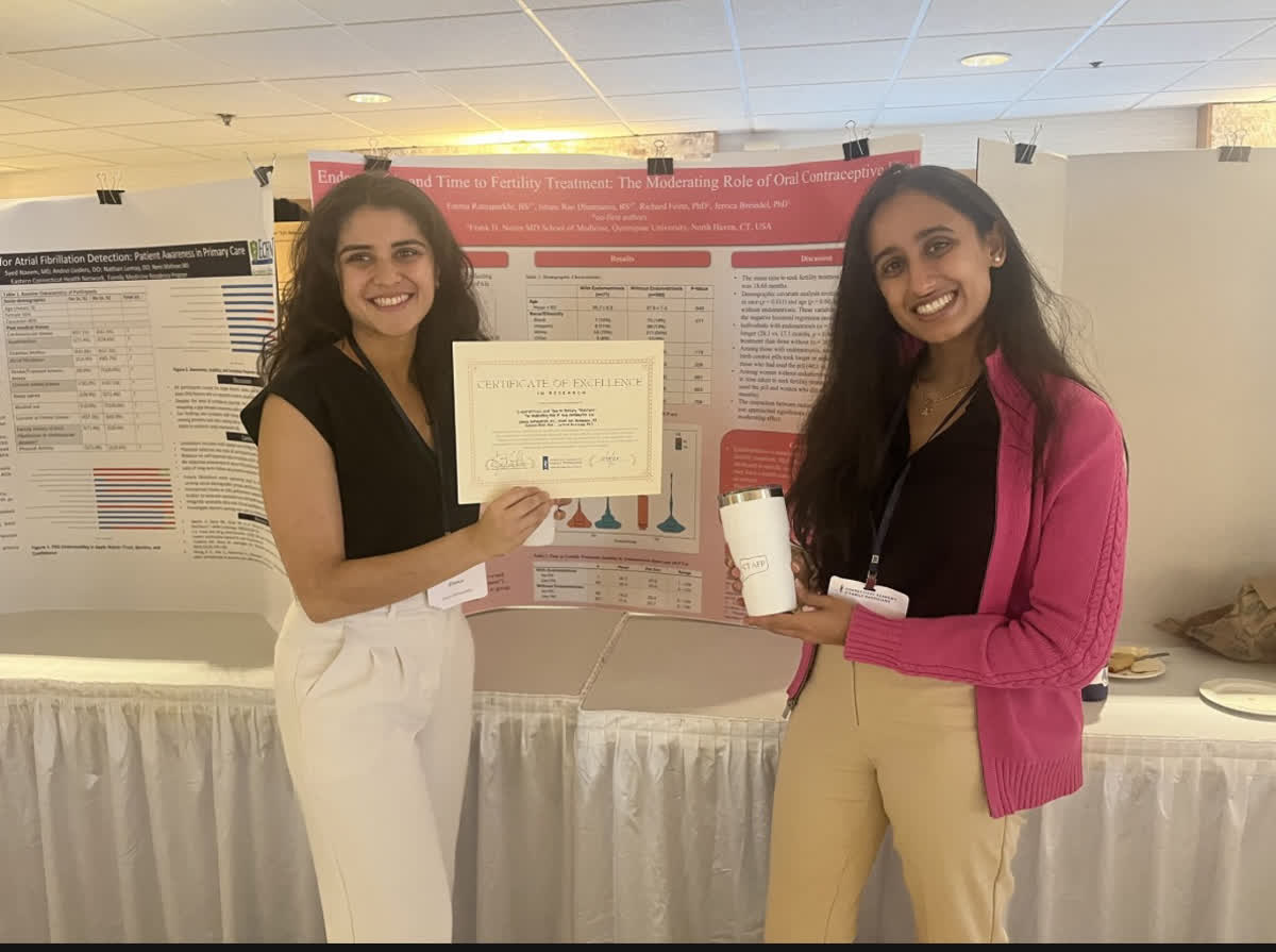 From Left: Quinnipiac University sophomore medical students Emma Ratnaparkhi and Ishani Rao presented their research “Endometriosis and Time to Fertility Treatment: The Moderating Role of Oral Contraceptive Use” at a scientific symposium and received a research excellence award (Photo Courtesy of Emma Ratnaparkhi). 